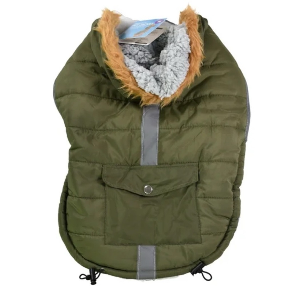 Green Reflective Puffer Dog Jacket with Faux Fur Trimmed Hood Size S-M